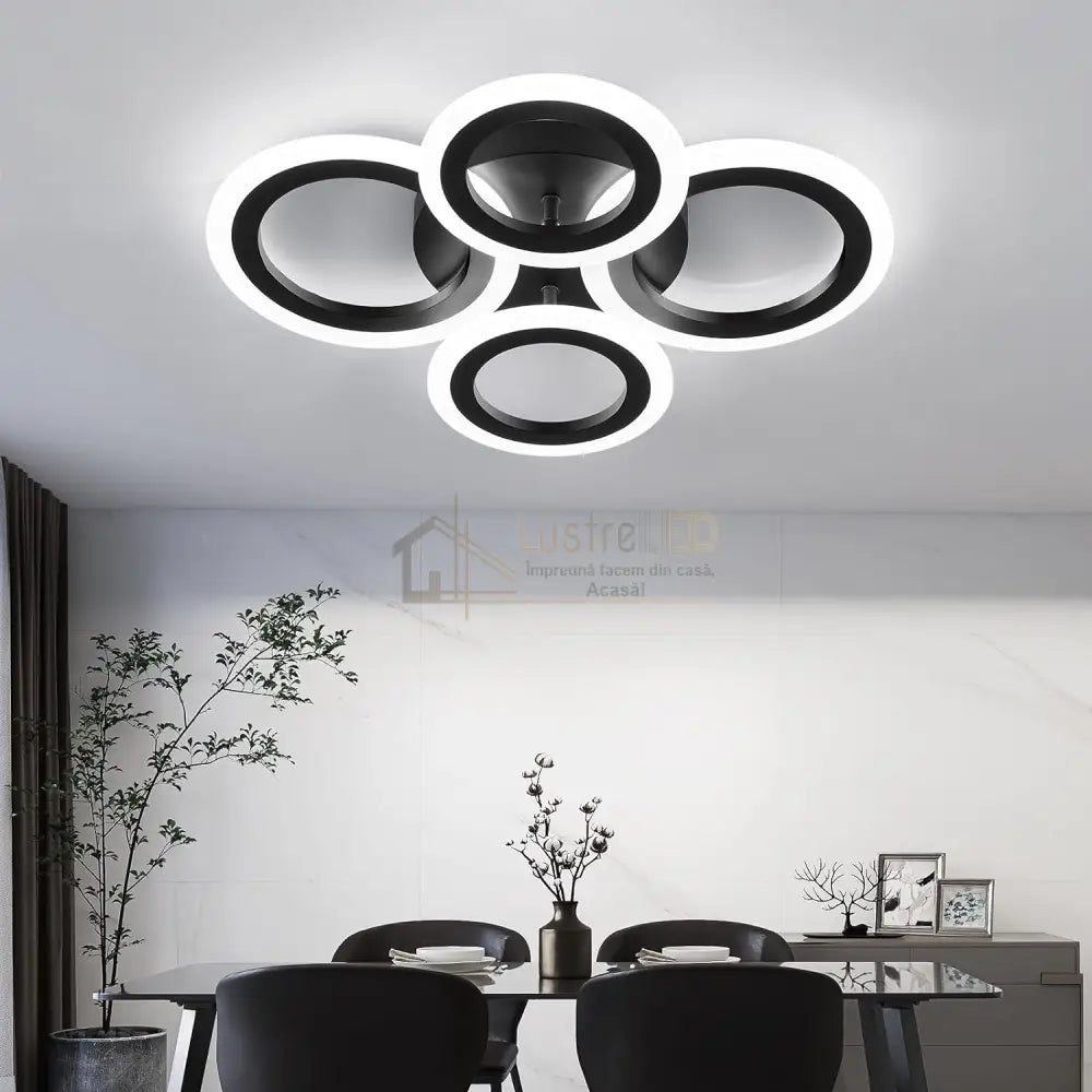 Lustra Led 72W 4 Circle Black Smart Control Vocal Echivalent 400W Lighting Fixtures