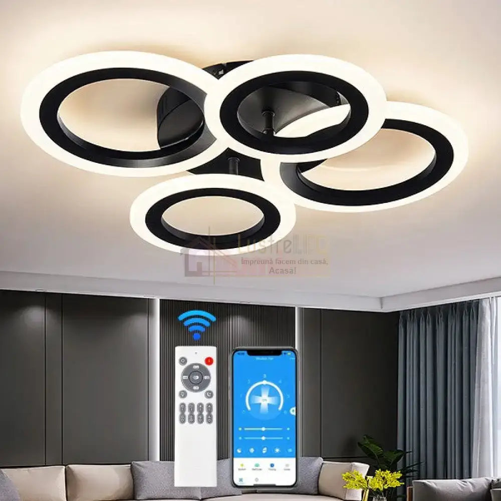 Lustra Led 72W 4 Circle Black Smart Control Vocal Echivalent 400W Lighting Fixtures