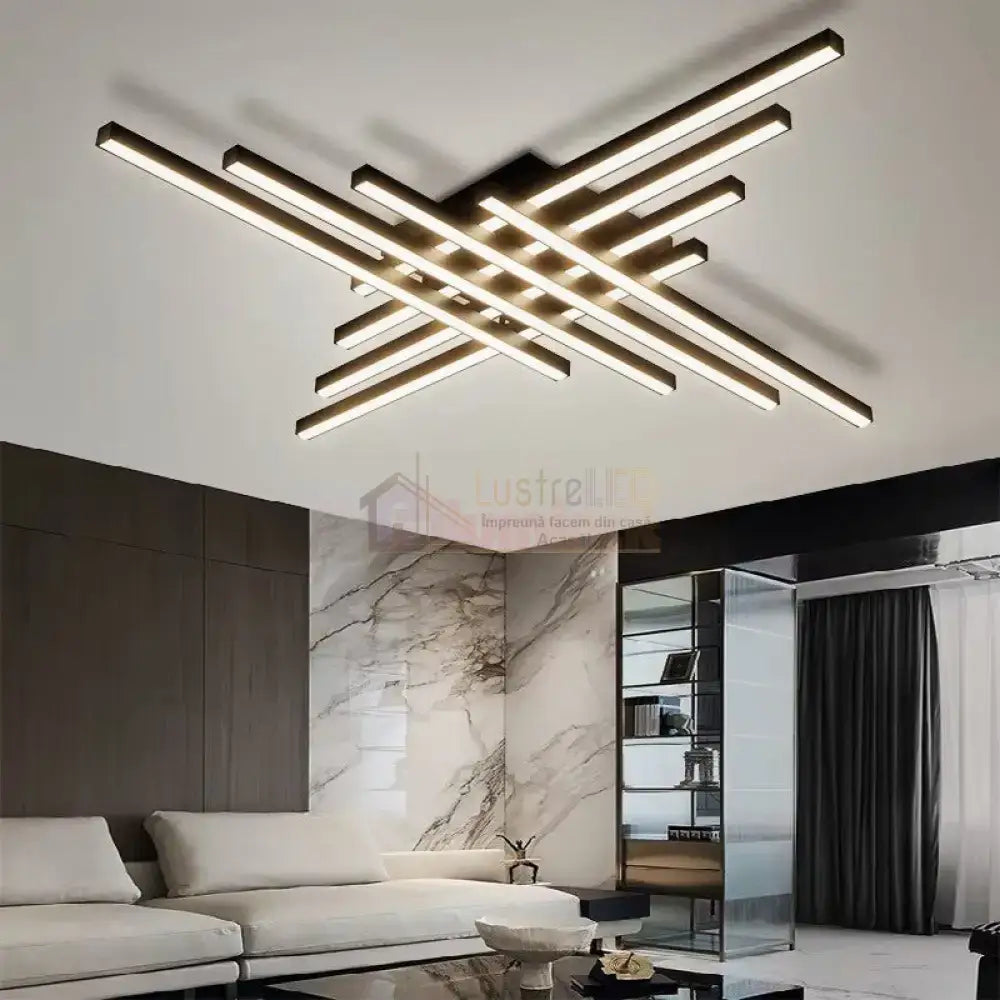 Lustra LED 8 Modern LINES Black Echivalent 1000W Telecomanda NEAGRA / 120CM / MINIMALIST DESIGN Lighting Fixtures
