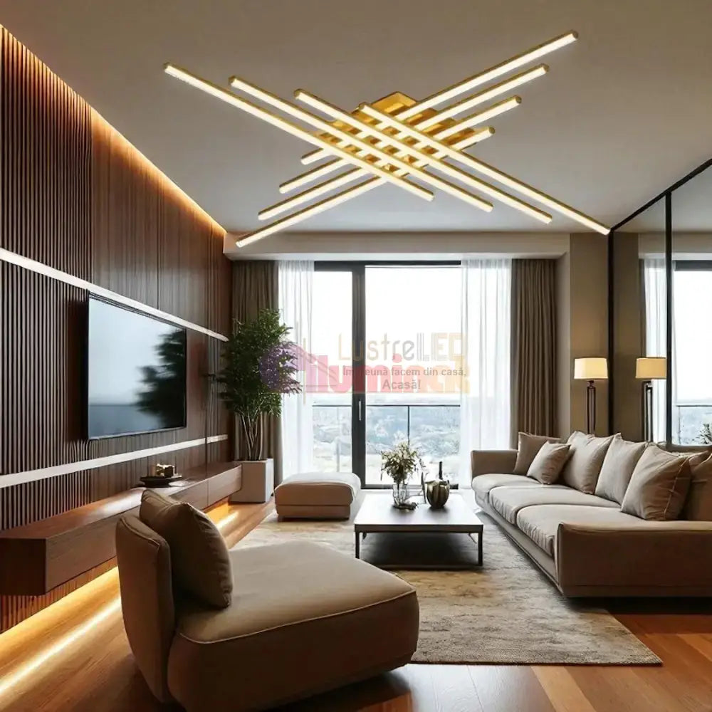 Lustra LED 8 Modern LINES Gold Echivalent 1000W Telecomanda lustreled.ro