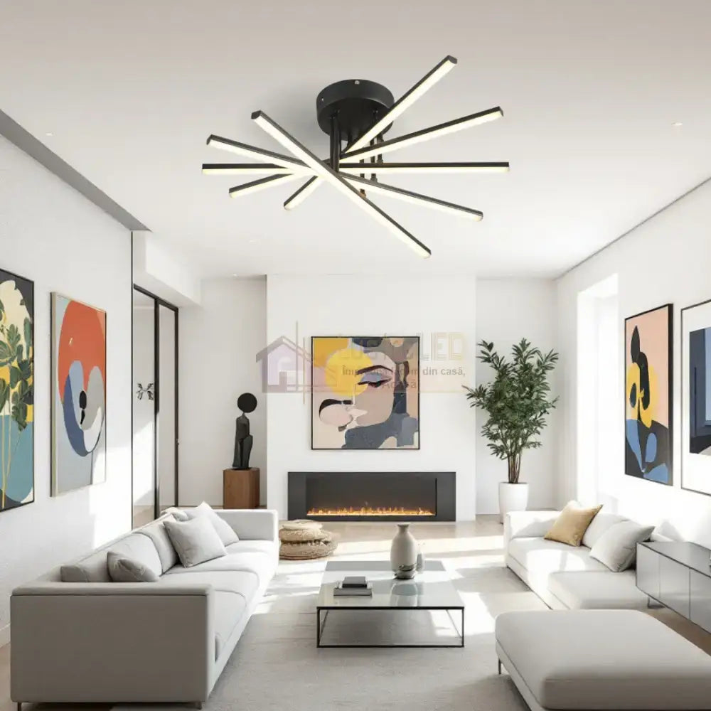 Lustra LED 5 Modern LINES Black Echivalent 400W Telecomanda BK-7020-5C NEAGRA / 58CM / MINIMALIST DESIGN Lighting