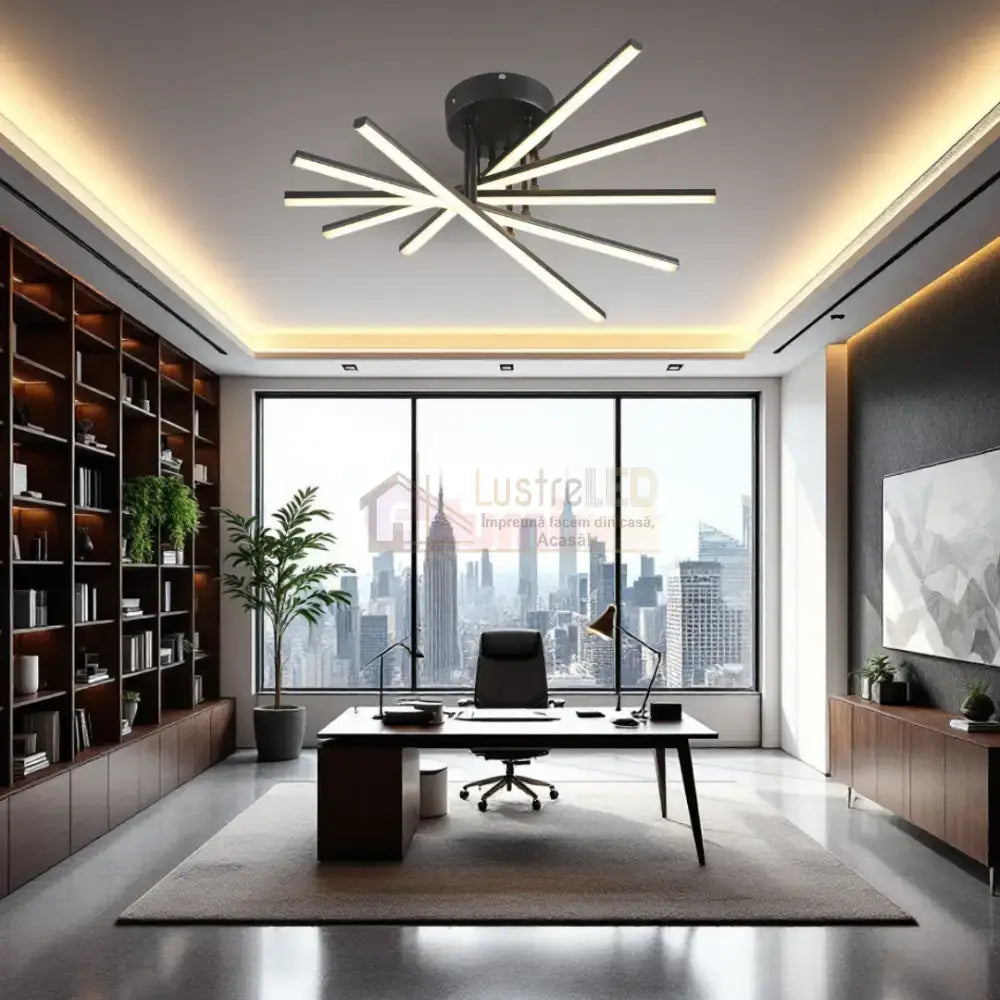 Lustra LED 5 Modern LINES Black Echivalent 400W Telecomanda BK-7020-5C NEAGRA / 58CM / MINIMALIST DESIGN Lighting