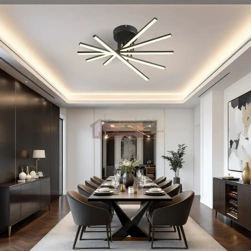 Lustra LED 5 Modern LINES Black Echivalent 400W Telecomanda BK-7020-5C NEAGRA / 58CM / MINIMALIST DESIGN Lighting