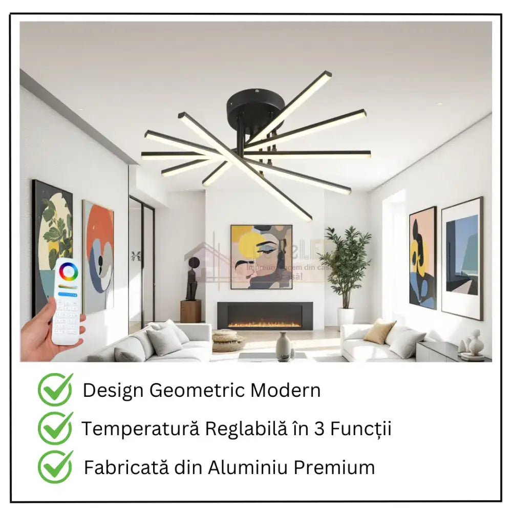 Lustra LED 5 Modern LINES Black Echivalent 400W Telecomanda BK-7020-5C NEAGRA / 58CM / MINIMALIST DESIGN Lighting