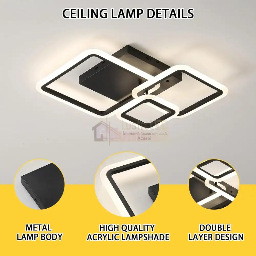 Lustra LED 88W Three Square Black SMART Echivalent 400W Telecomanda NEAGRA / SQUARE DESIGN Lighting Fixtures