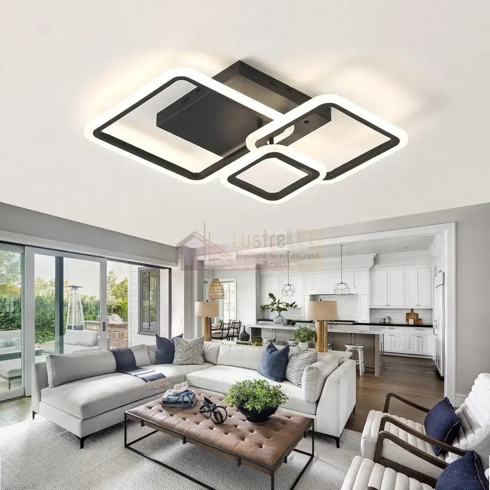 Lustra LED 88W Three Square Black SMART Echivalent 400W Telecomanda NEAGRA / SQUARE DESIGN Lighting Fixtures