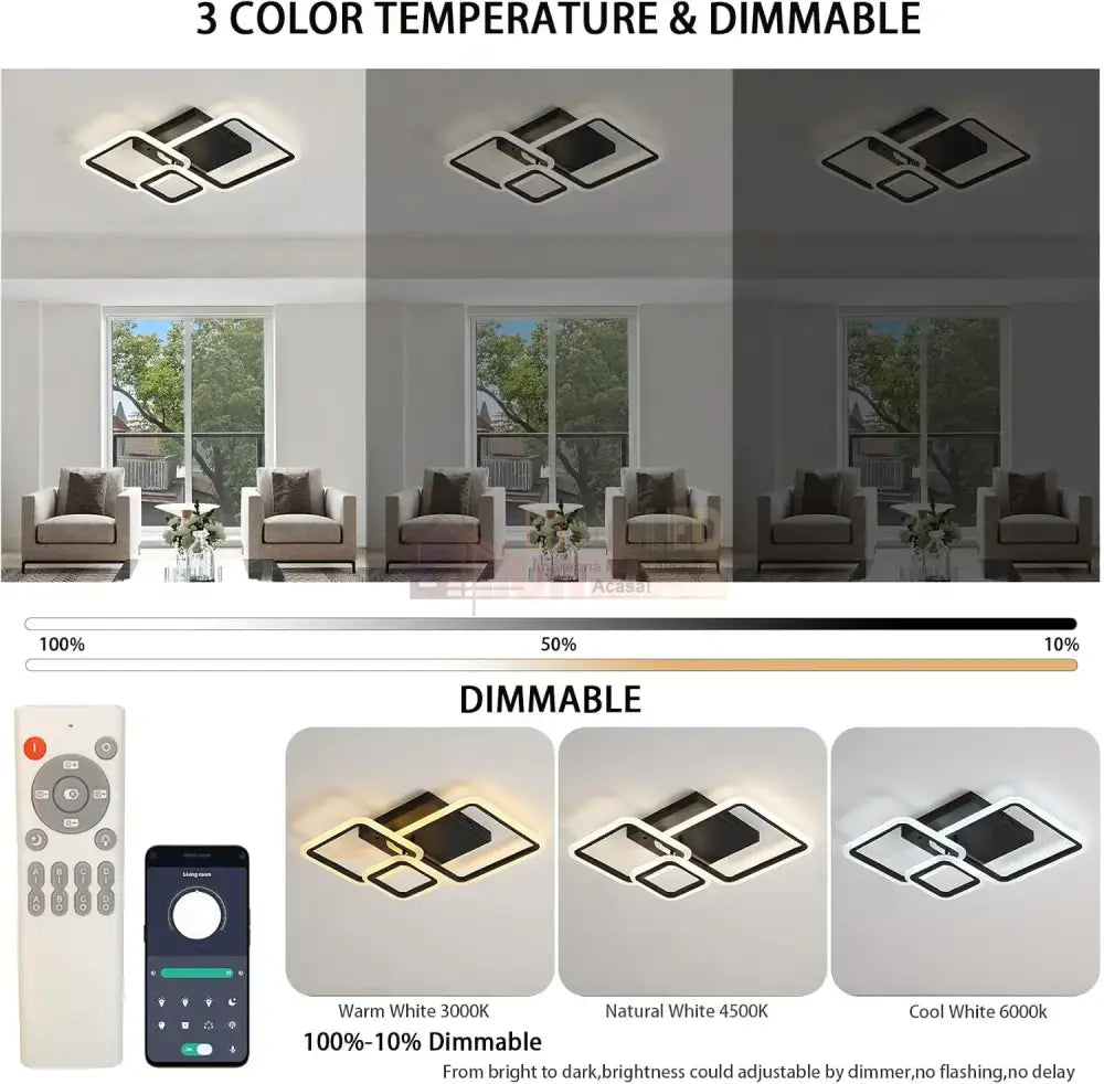 Lustra LED 88W Three Square Black SMART Echivalent 400W Telecomanda NEAGRA / SQUARE DESIGN Lighting Fixtures