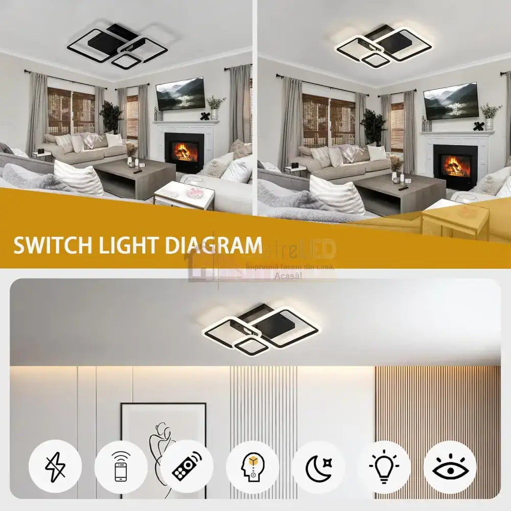 Lustra LED 88W Three Square Black SMART Echivalent 400W Telecomanda NEAGRA / SQUARE DESIGN Lighting Fixtures