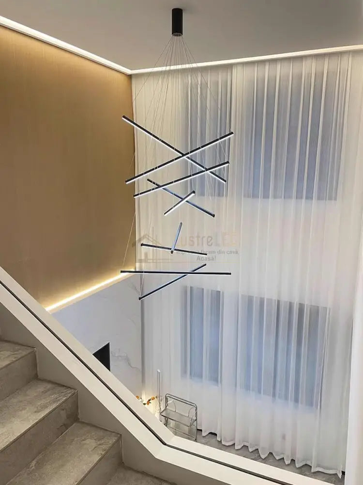 Lustra LED 9 Geometric BLACK Lines Suspendata Echivalent 1200W 300CM lustreled.ro
