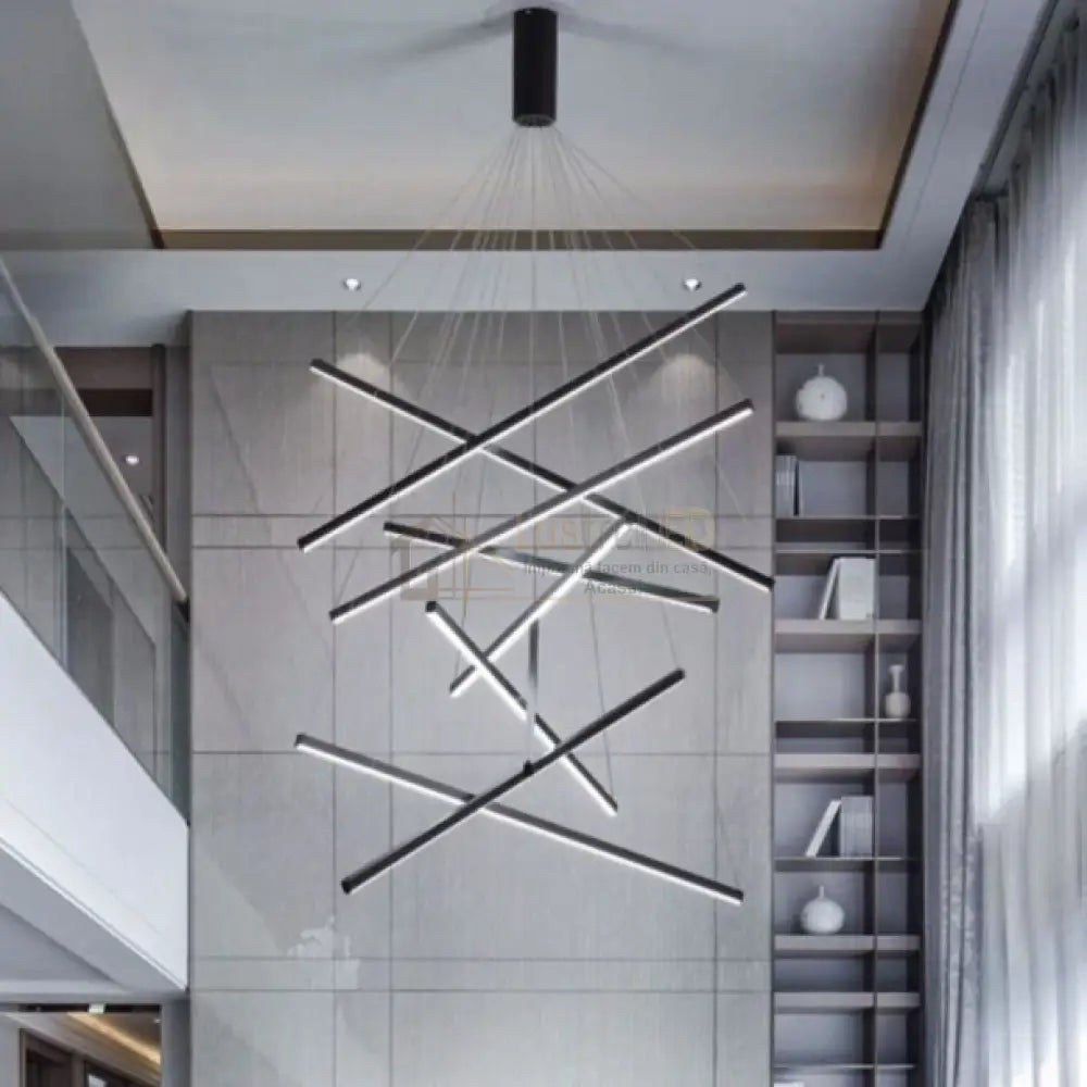 Lustra LED 9 Geometric BLACK Lines Suspendata Echivalent 1200W 300CM lustreled.ro