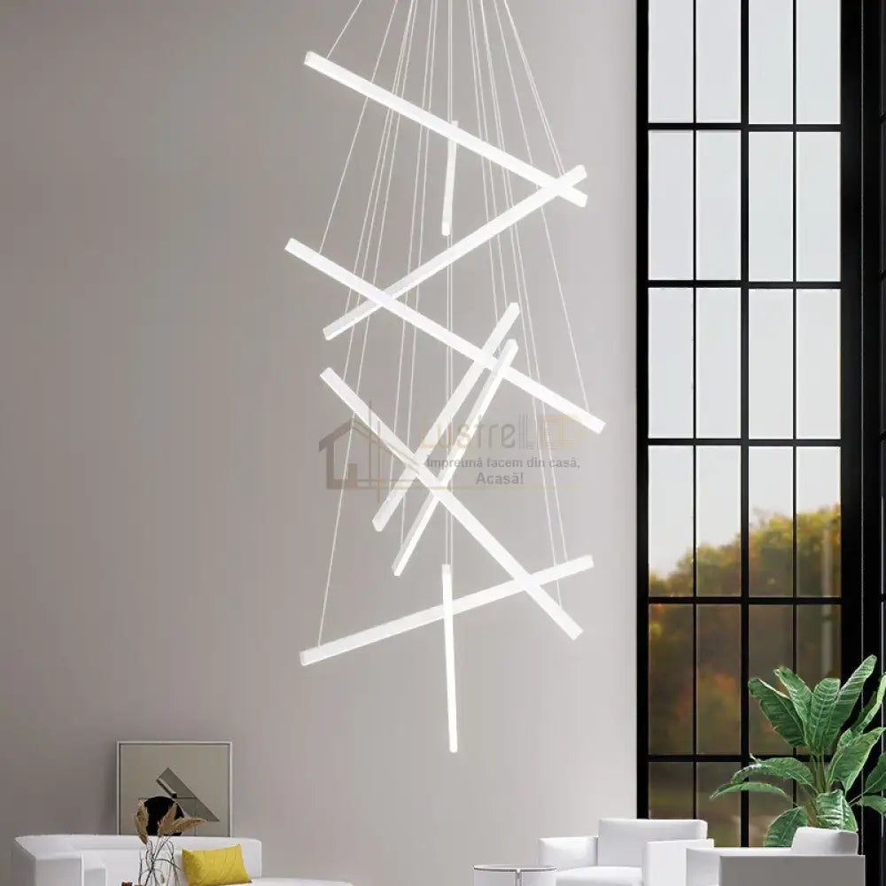 Lustra LED 9 Geometric WHITE Lines Suspendata Echivalent 1200W 300CM lustreled.ro