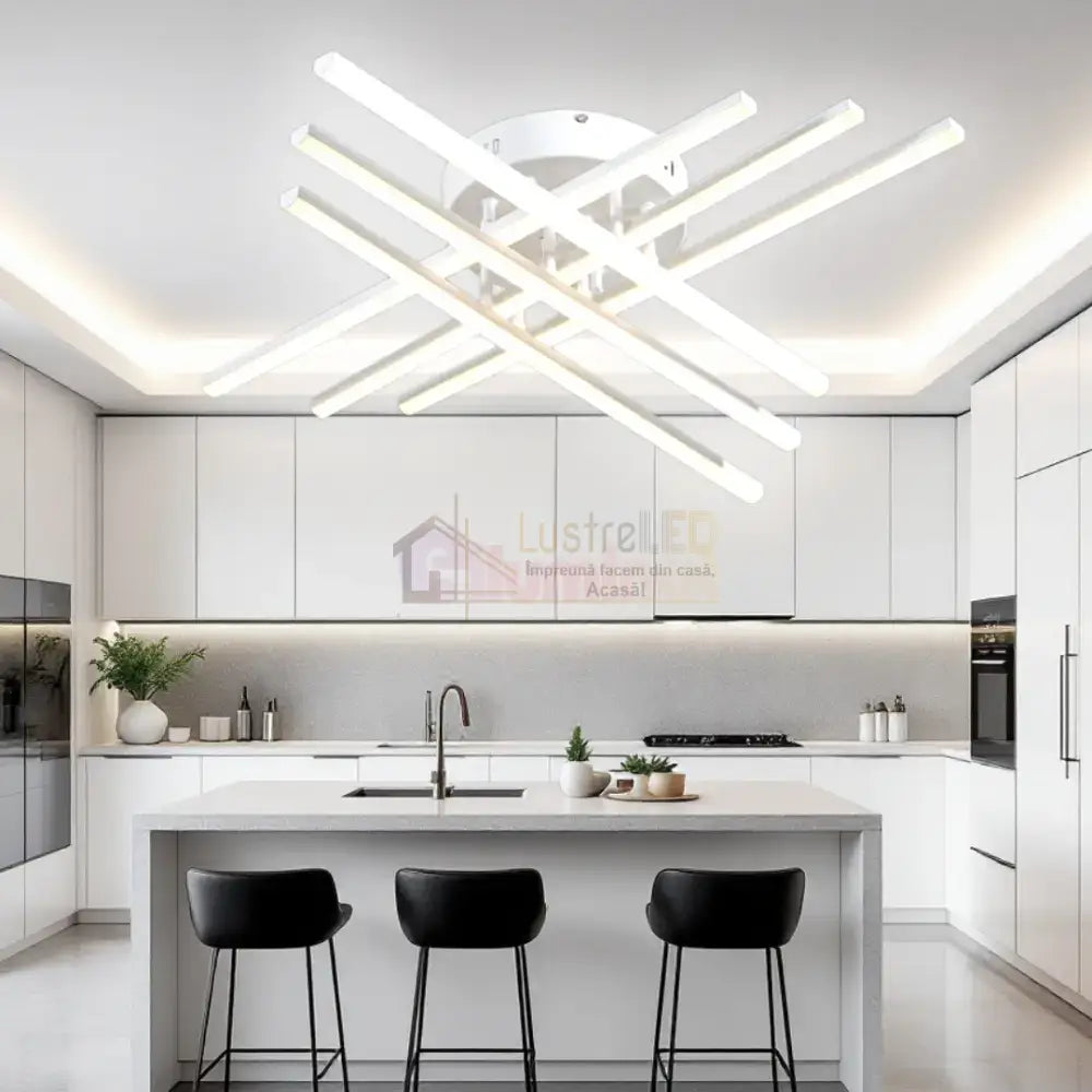 Lustra LED 6 Modern LINES White Echivalent 400W cu Telecomanda 7015-6C ALBA / 68CM / MINIMALIST DESIGN Lighting Fixtures