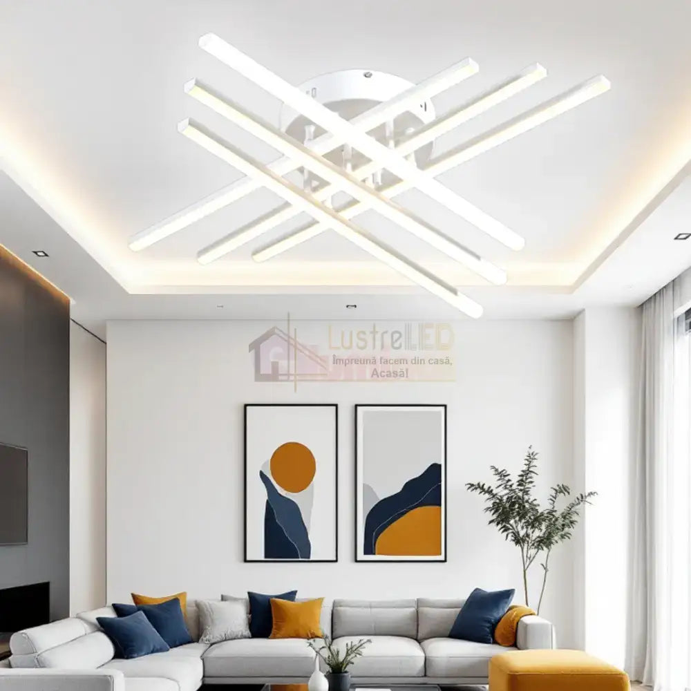 Lustra LED 6 Modern LINES White Echivalent 400W cu Telecomanda 7015-6C ALBA / 68CM / MINIMALIST DESIGN Lighting Fixtures