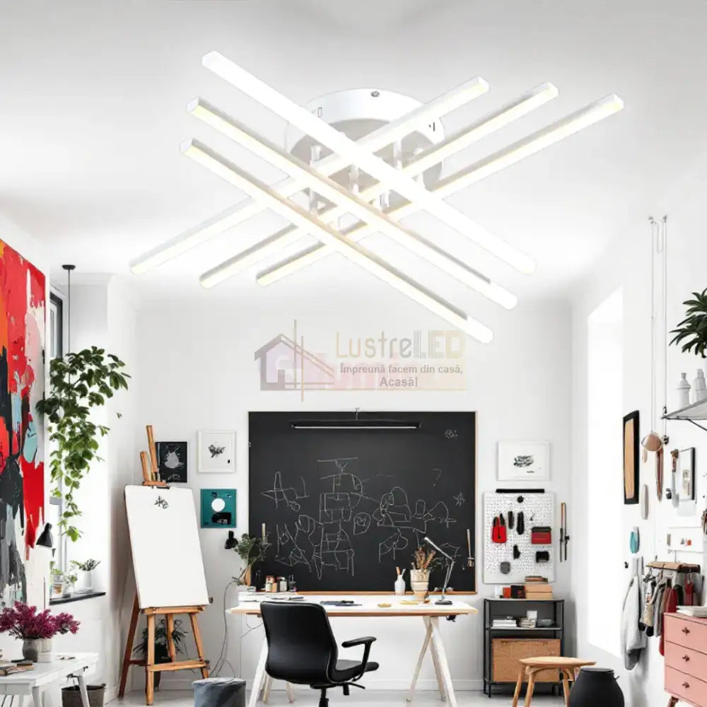 Lustra LED 6 Modern LINES White Echivalent 400W cu Telecomanda 7015-6C ALBA / 68CM / MINIMALIST DESIGN Lighting Fixtures