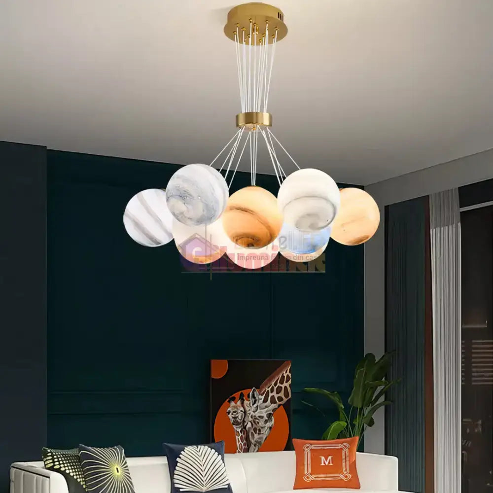 Lustra LED Abajur Planets Gold Bundle, 3 lumini si telecomanda lustreled.ro