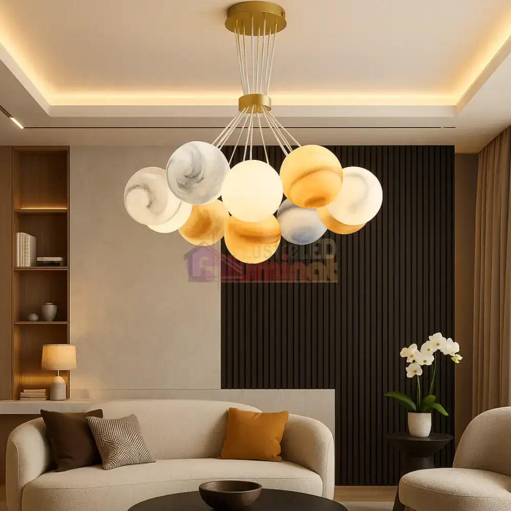 Lustra LED Abajur Planets Gold Bundle, 3 lumini si telecomanda lustreled.ro