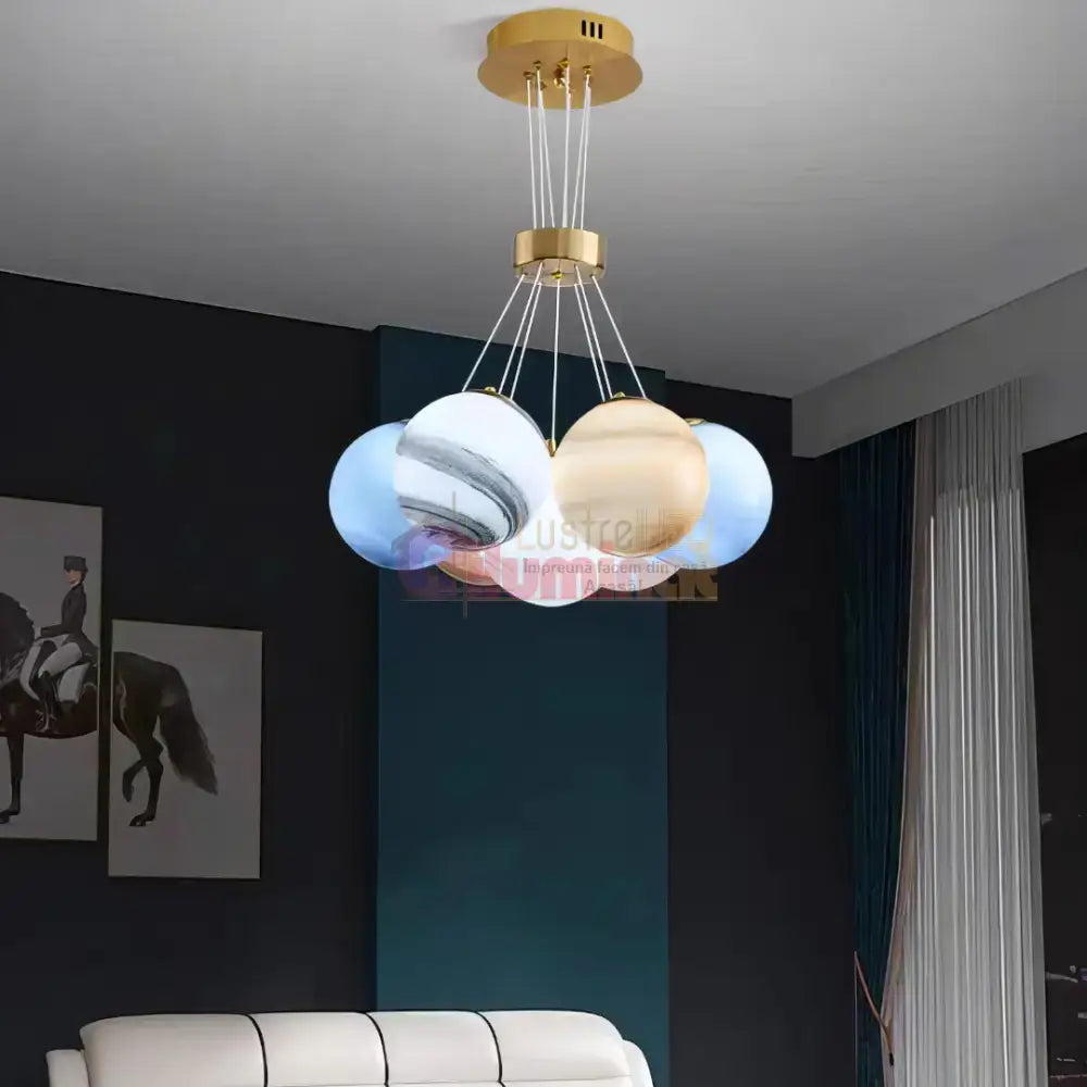 Lustra LED Abajur Planets Gold Bundle, 3 lumini si telecomanda lustreled.ro