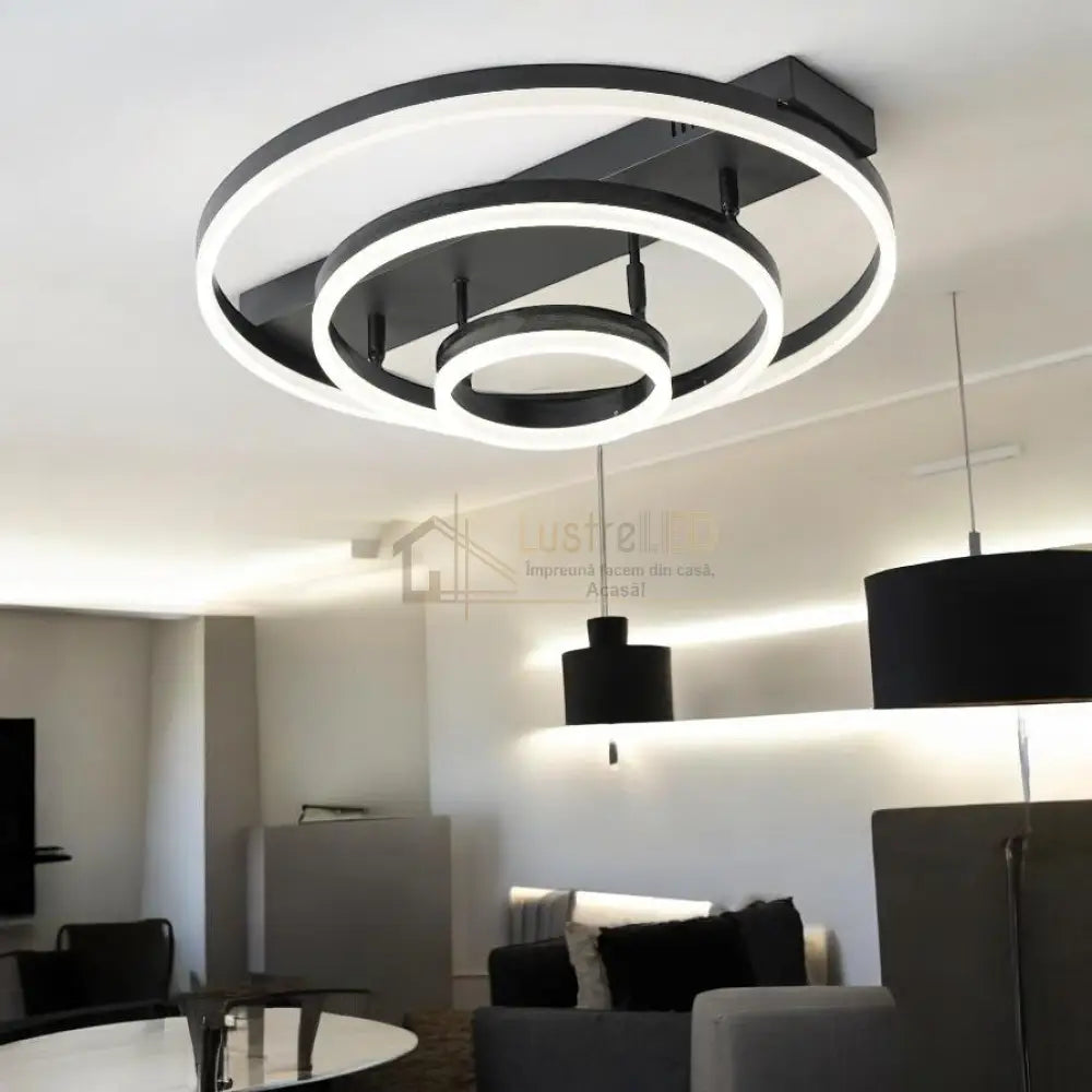 Lustra LED Black 3 Rings Reglabile Echivalent 800W Telecomanda lustreled.ro