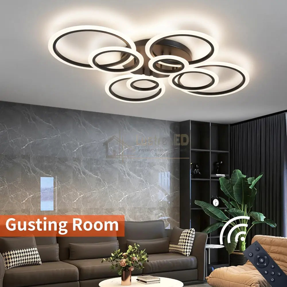 Lustra Led Circle 4 + 4 Gigant Black Design Telecomanda Echivalent 1000W Lighting Fixtures