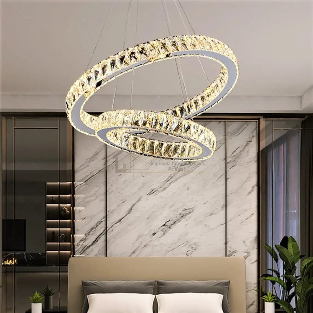 Lustra Led Cristal 2 Segmente Telecomanda Echivalent 600W Ceiling Light Fixtures