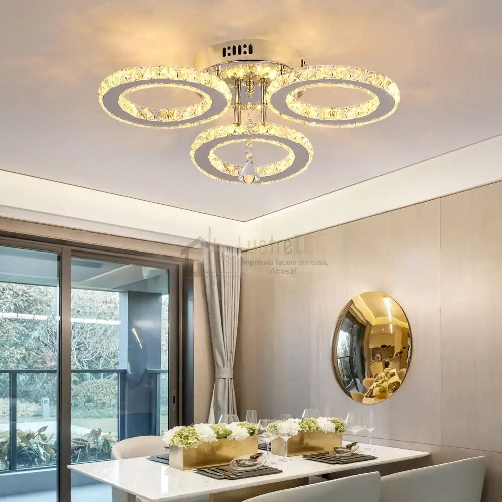 Lustra Led 60W Cristal 3 Rings Design Telecomanda Lighting Fixtures