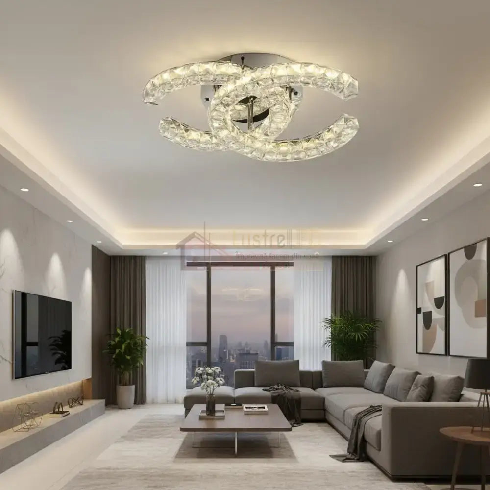 Lustra LED CRISTAL Double C Gold Echivalent 300W Telecomanda Lighting Fixtures