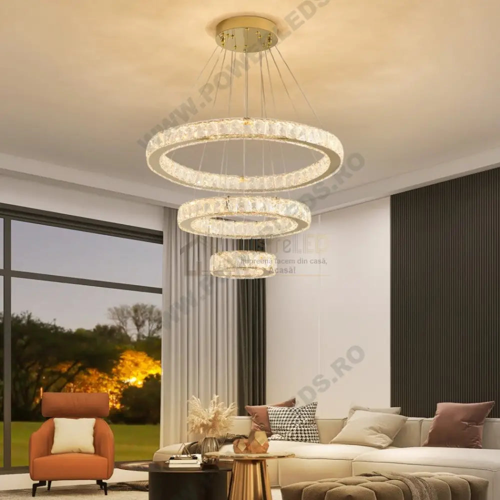 Lustra Led Cristal Gold 3 Segmente Telecomanda Echivalent 800W Chandeliers Crystal