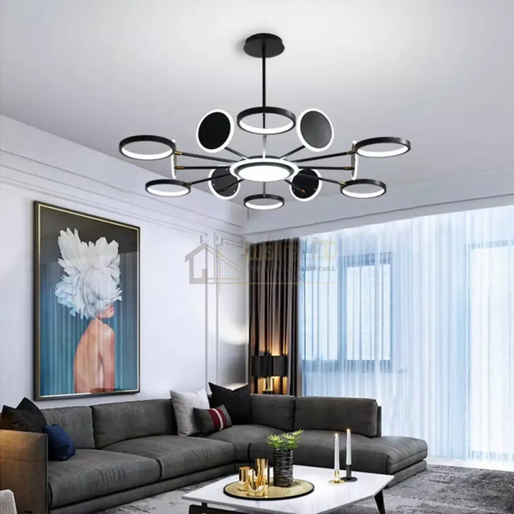 Lustra Led Gambit Black 6 + 6 + 1 Brate Reglabile Echivalent 800W Telecomanda Led Ceiling Light