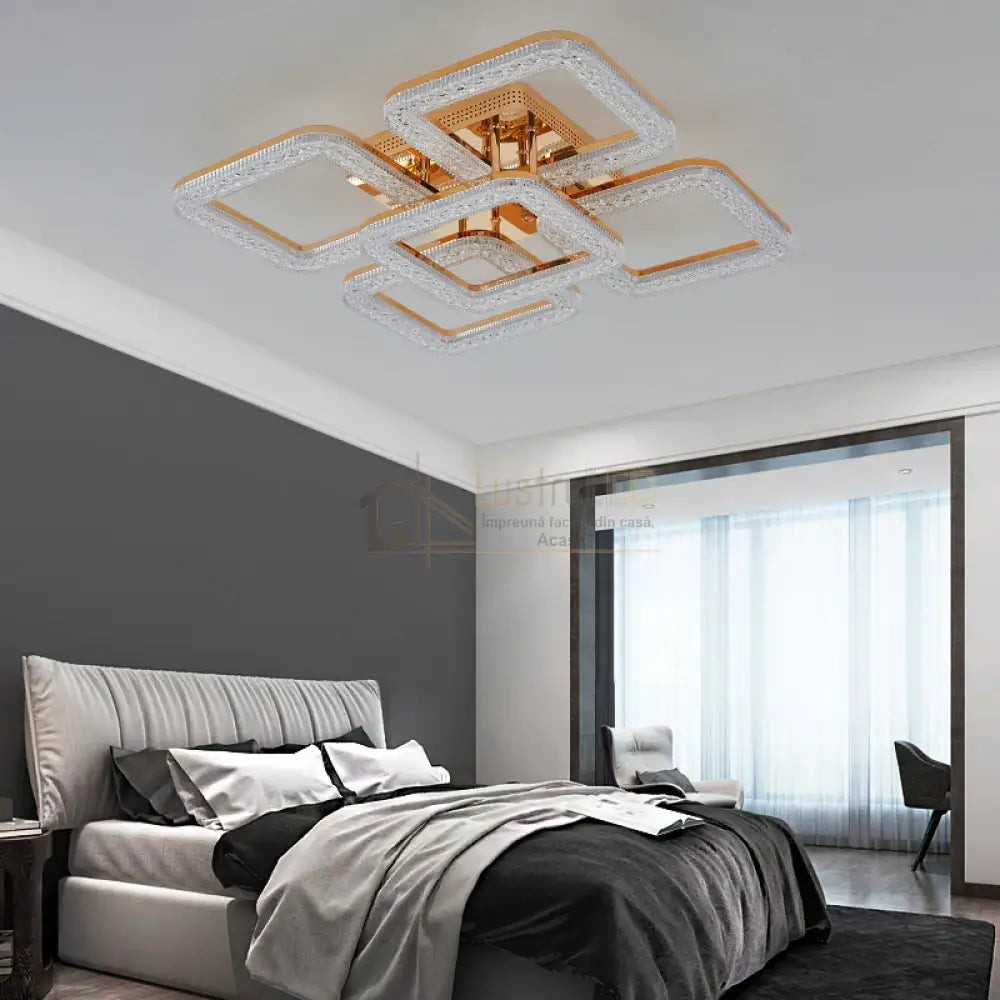 Lustra Led Golden Square 4 + 1 Echivalent 800W Telecomanda Lighting Fixtures