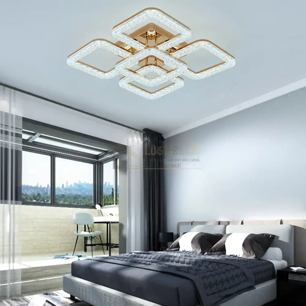 Lustra Led Golden Square 4 + 1 Echivalent 800W Telecomanda Lighting Fixtures