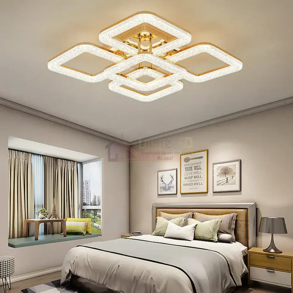 Lustra Led Golden Square 4 + 1 Echivalent 800W Telecomanda Lighting Fixtures