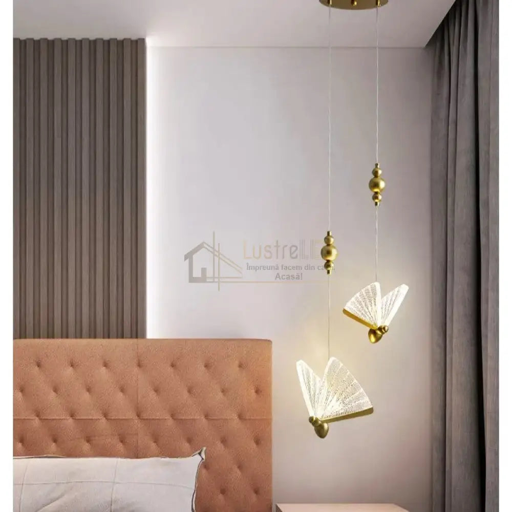 Lustra Led Luxury 2 Golden Butterflies Lighting Fixtures