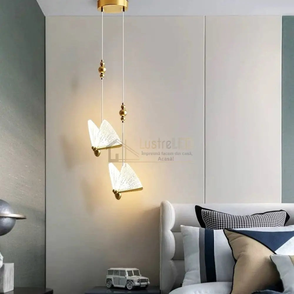 Lustra Led Luxury 2 Golden Butterflies Lighting Fixtures