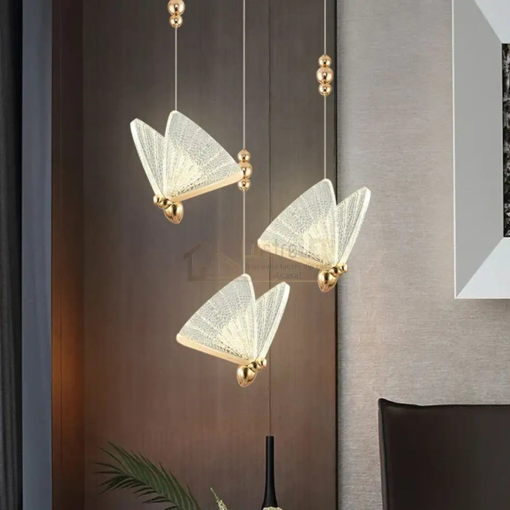 Lustra Led Luxury 3 Golden Butterflies Lighting Fixtures