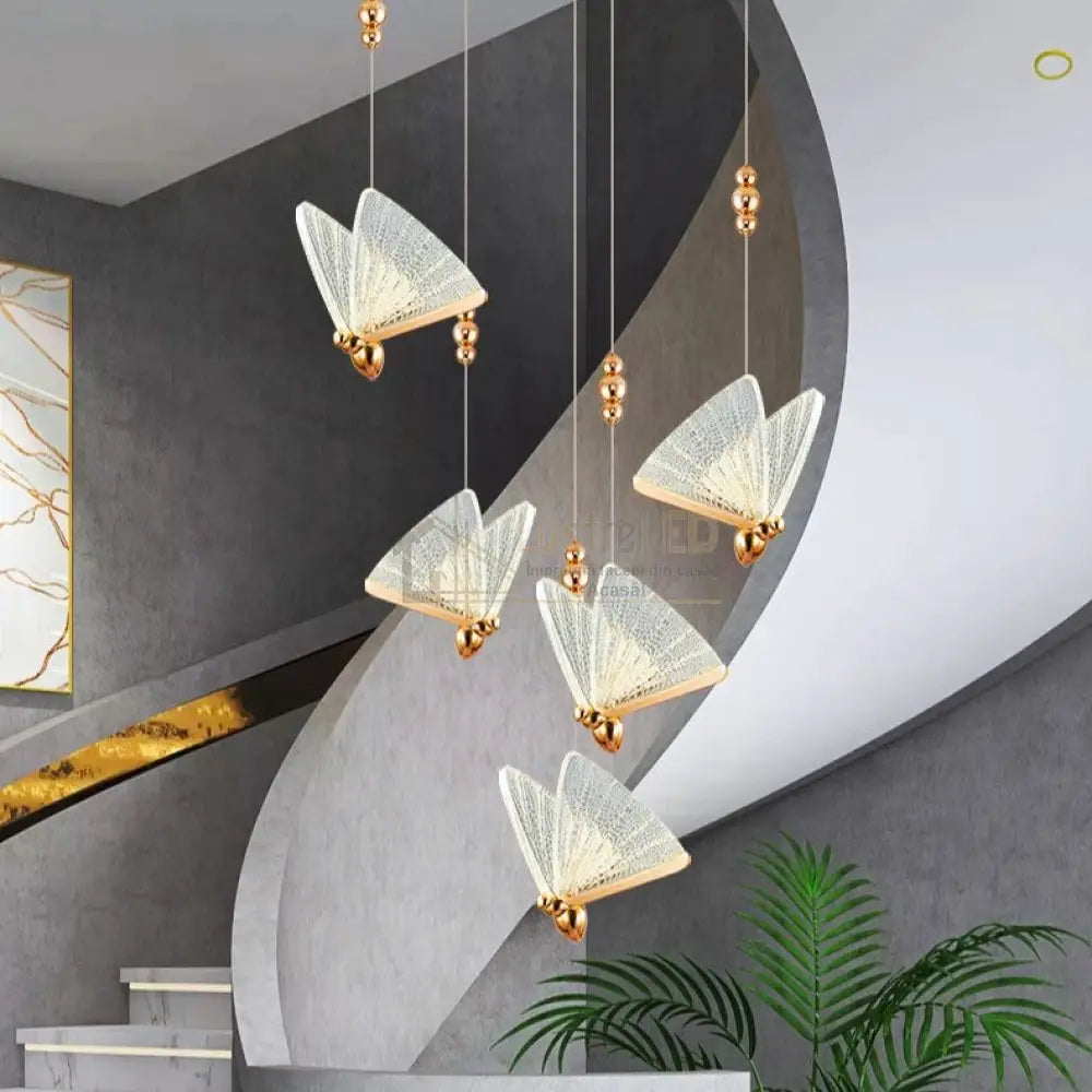 Lustra Led Luxury 5 Golden Butterflies Lighting Fixtures