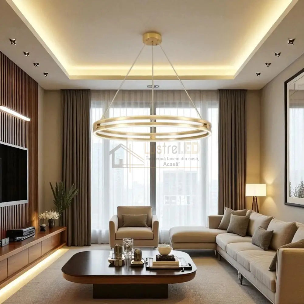 Lustra LED Maxi Ring Gold Suspendata Echivalent 800W Telecomanda lustreled.ro