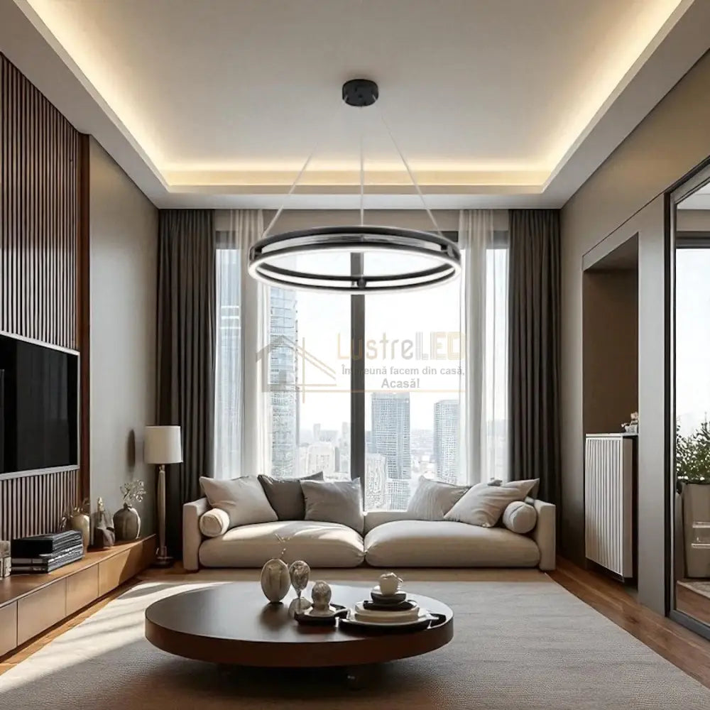 Lustra LED Maxi Ring Neagra Suspendata Echivalent 800W Telecomanda lustreled.ro