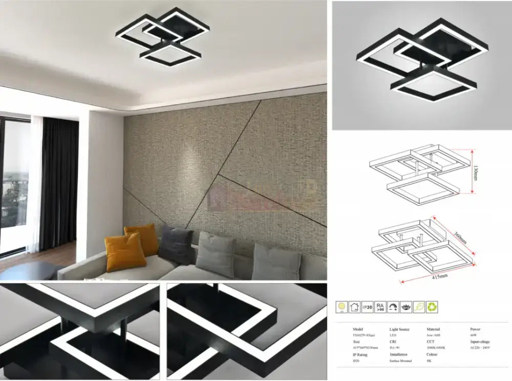 Lustra Led Modern 3 Square Black Echivalent 300W Telecomanda Lighting Fixtures
