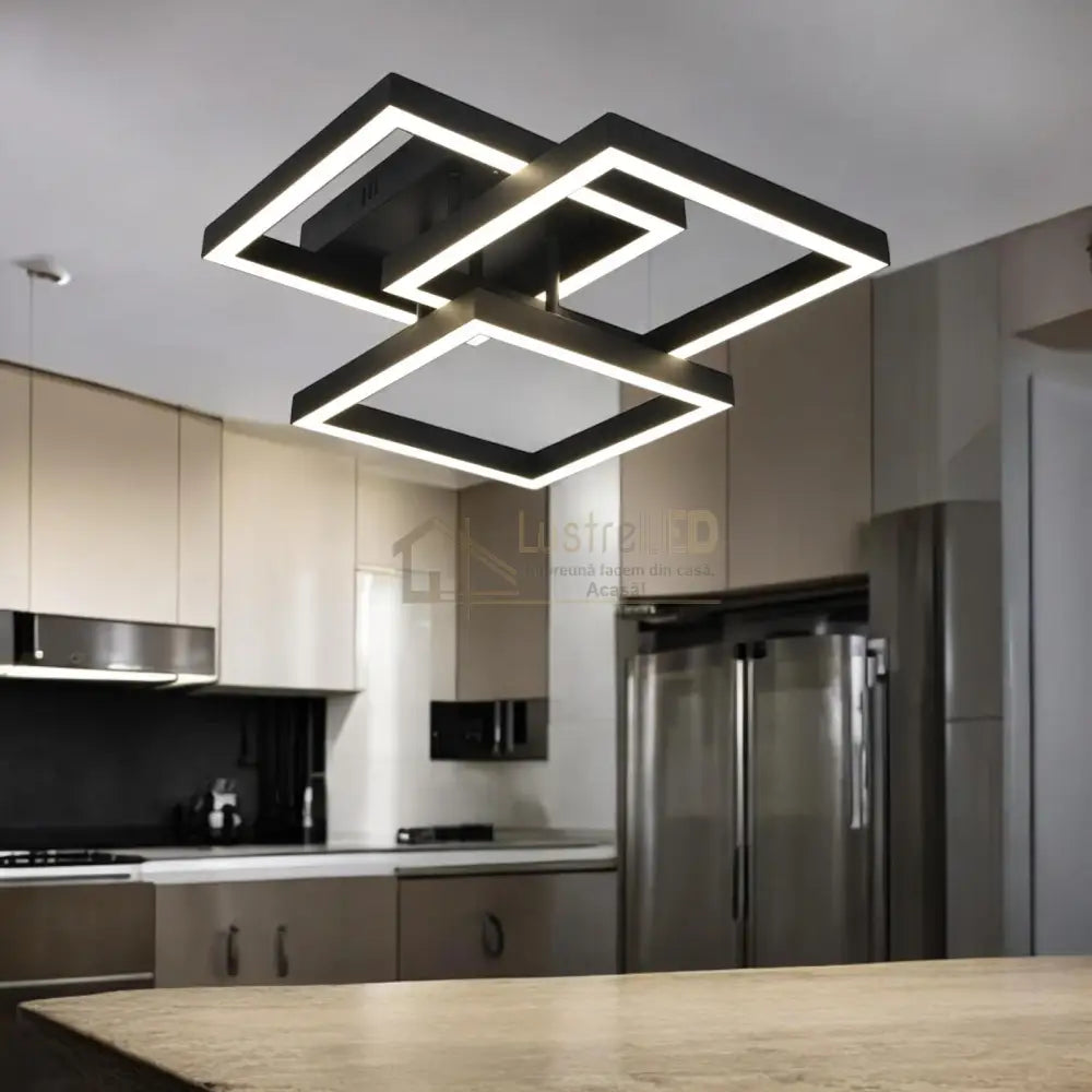 Lustra Led Modern 3 Square Black Echivalent 300W Telecomanda Lighting Fixtures