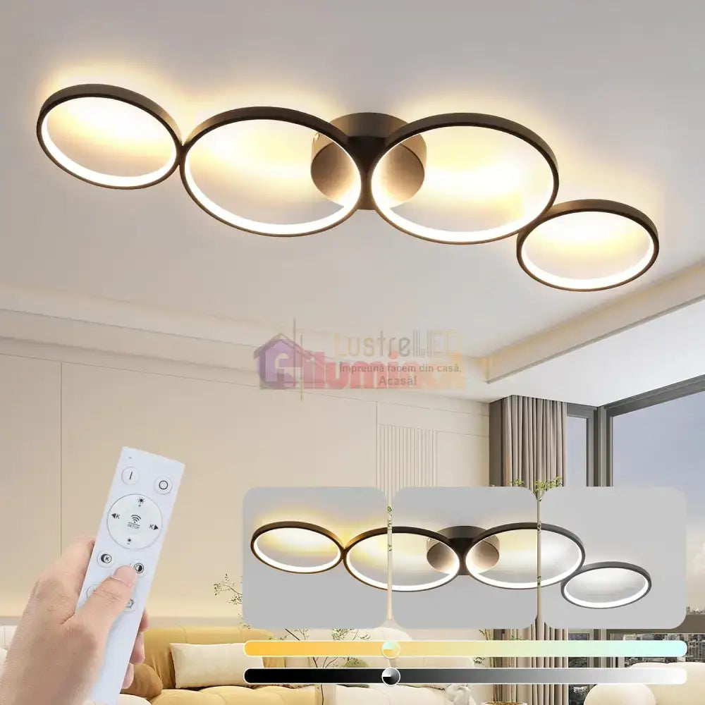 Lustra LED Modern Black 4 Rings Echivalent 600W Telecomanda lustreled.ro