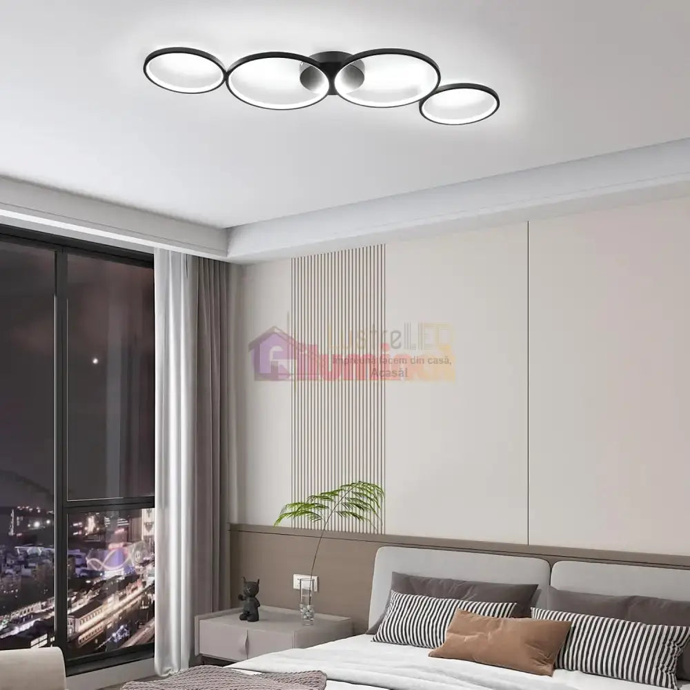 Lustra LED Modern Black 4 Rings Echivalent 600W Telecomanda lustreled.ro