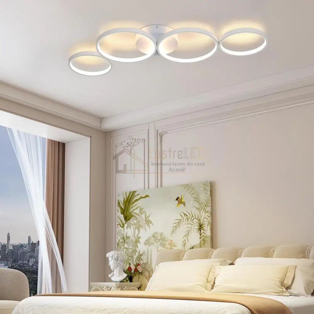 Lustra LED Modern White 4 Rings Echivalent 600W Telecomanda lustreled.ro