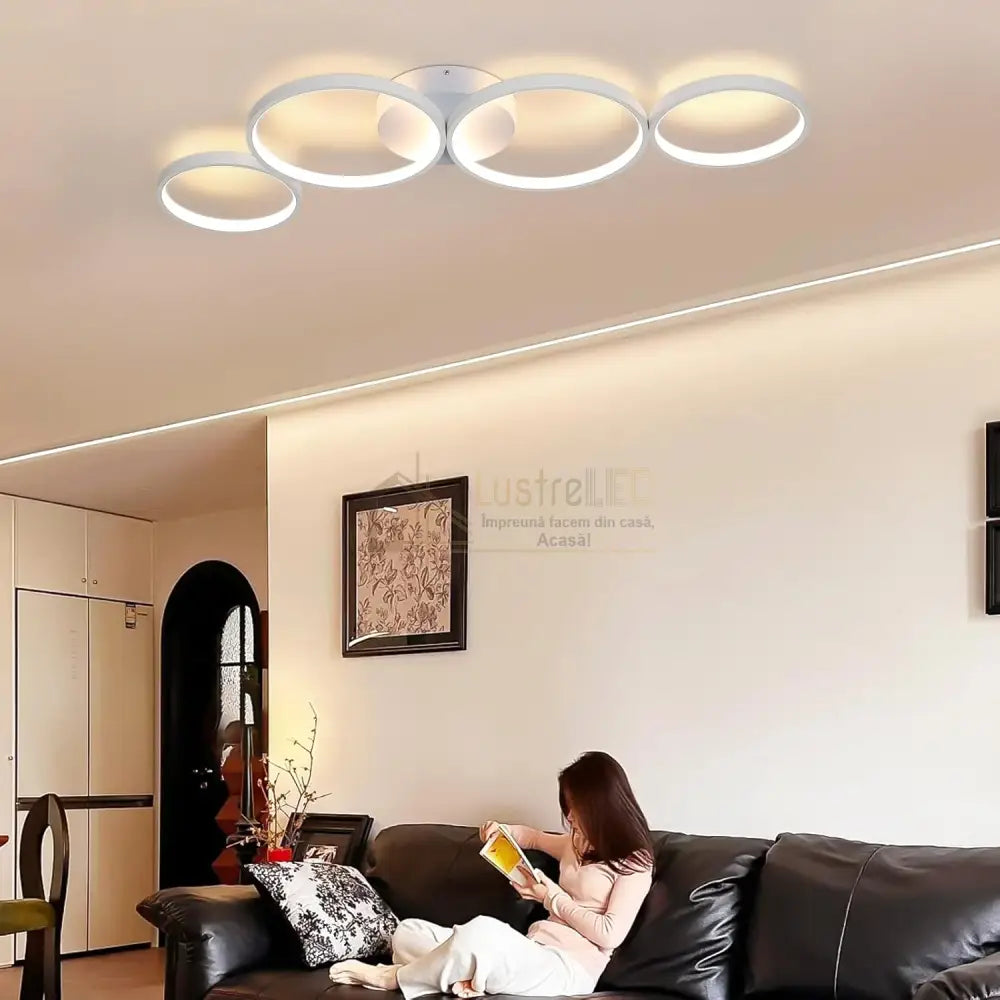 Lustra LED Modern White 4 Rings Echivalent 600W Telecomanda lustreled.ro