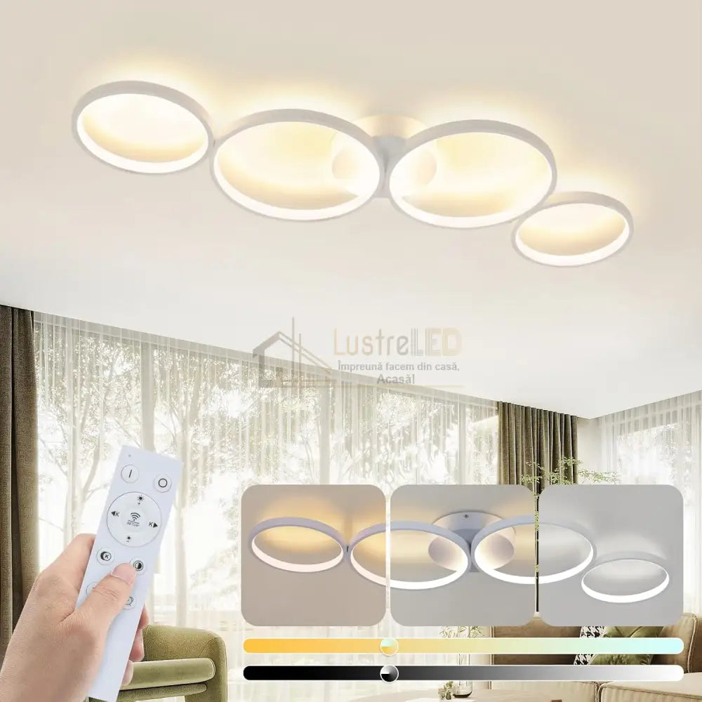 Lustra LED Modern White 4 Rings Echivalent 600W Telecomanda lustreled.ro