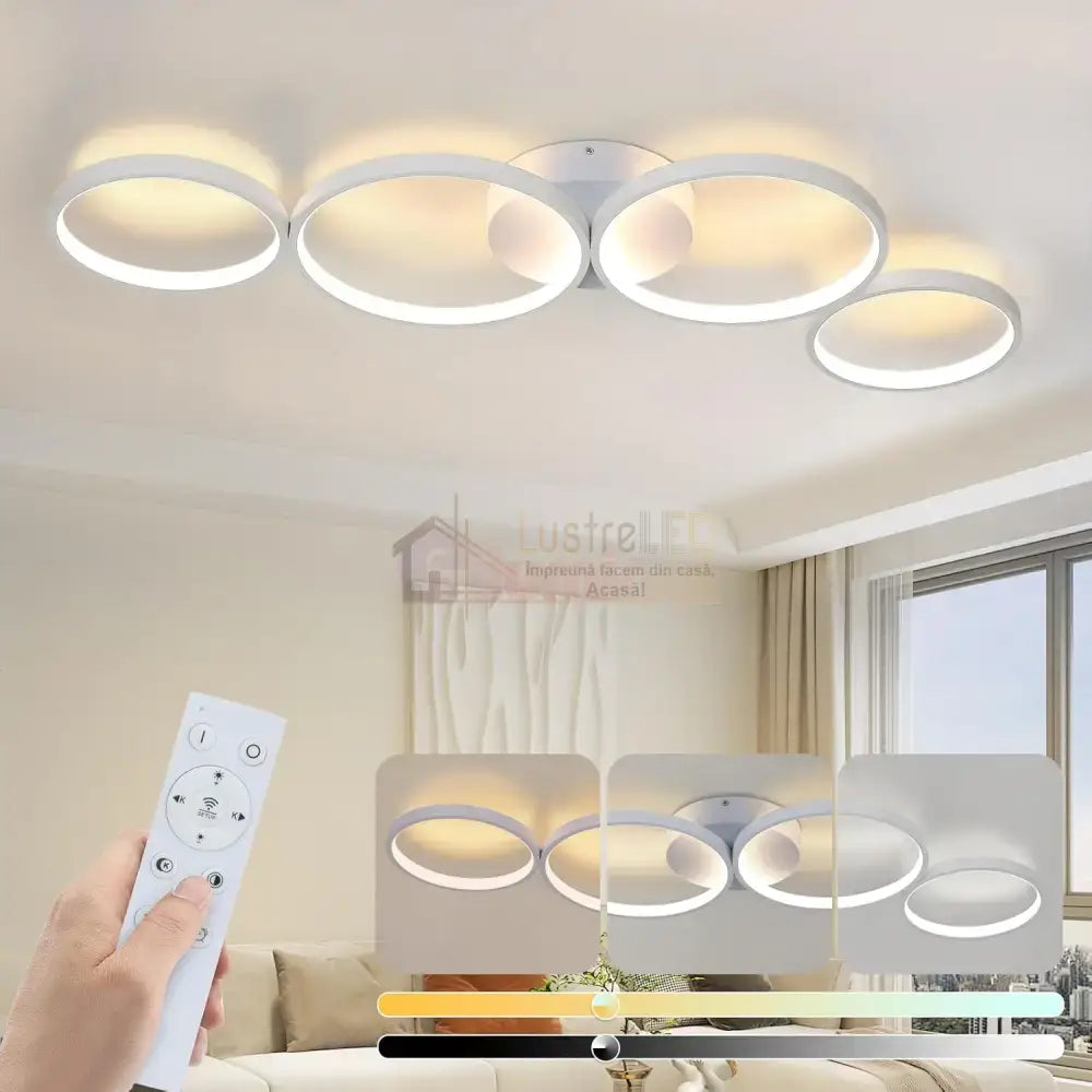 Lustra LED Modern White 4 Rings Echivalent 600W Telecomanda ALBA / 88CM / CIRCLE DESIGN Lighting Fixtures