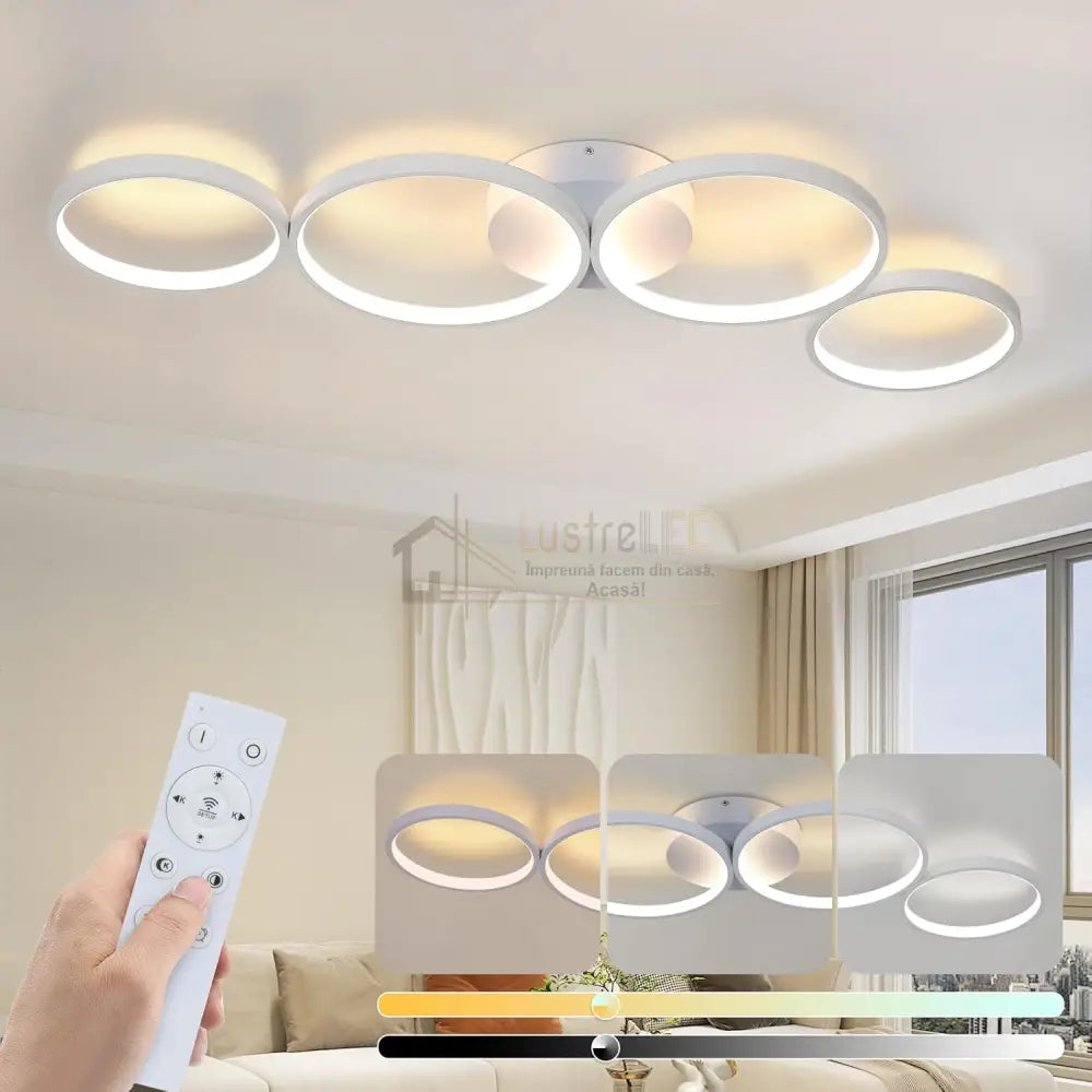 Lustra LED Modern White 4 Rings Echivalent 600W Telecomanda lustreled.ro
