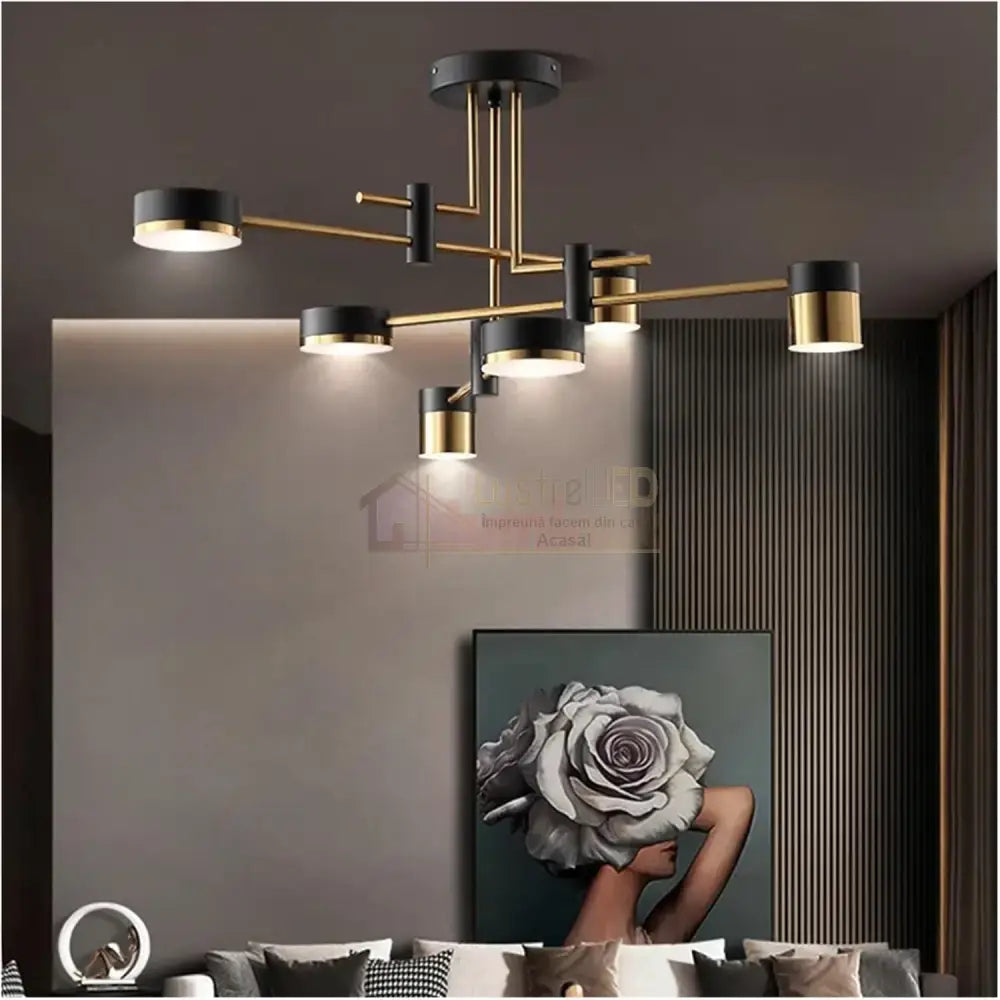 Lustra LED RAVENNA 3 + 3 Echivalent 500W Telecomanda NEGRU + AURIU / MINIMALIST DESIGN / 76CM Lighting Fixtures