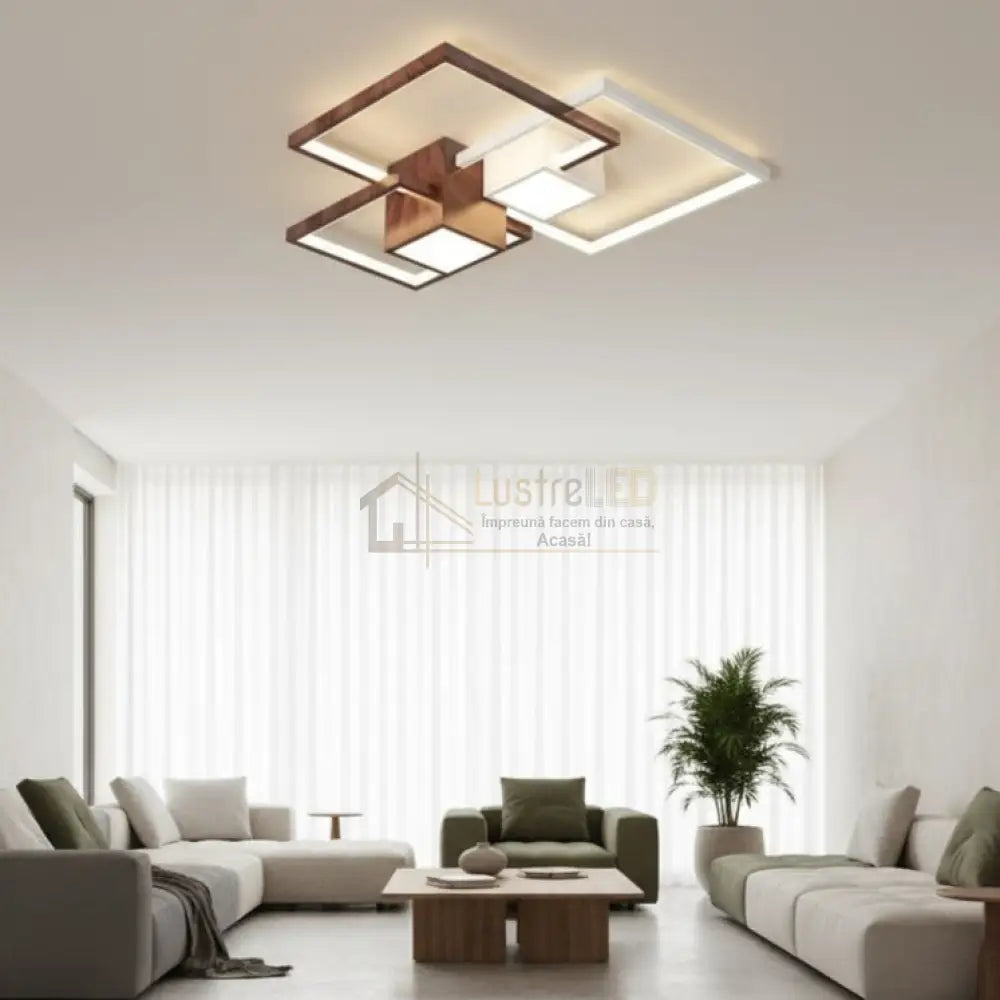 Lustra LED Squares White & Wood Echivalent 800W Telecomanda Lighting Fixtures