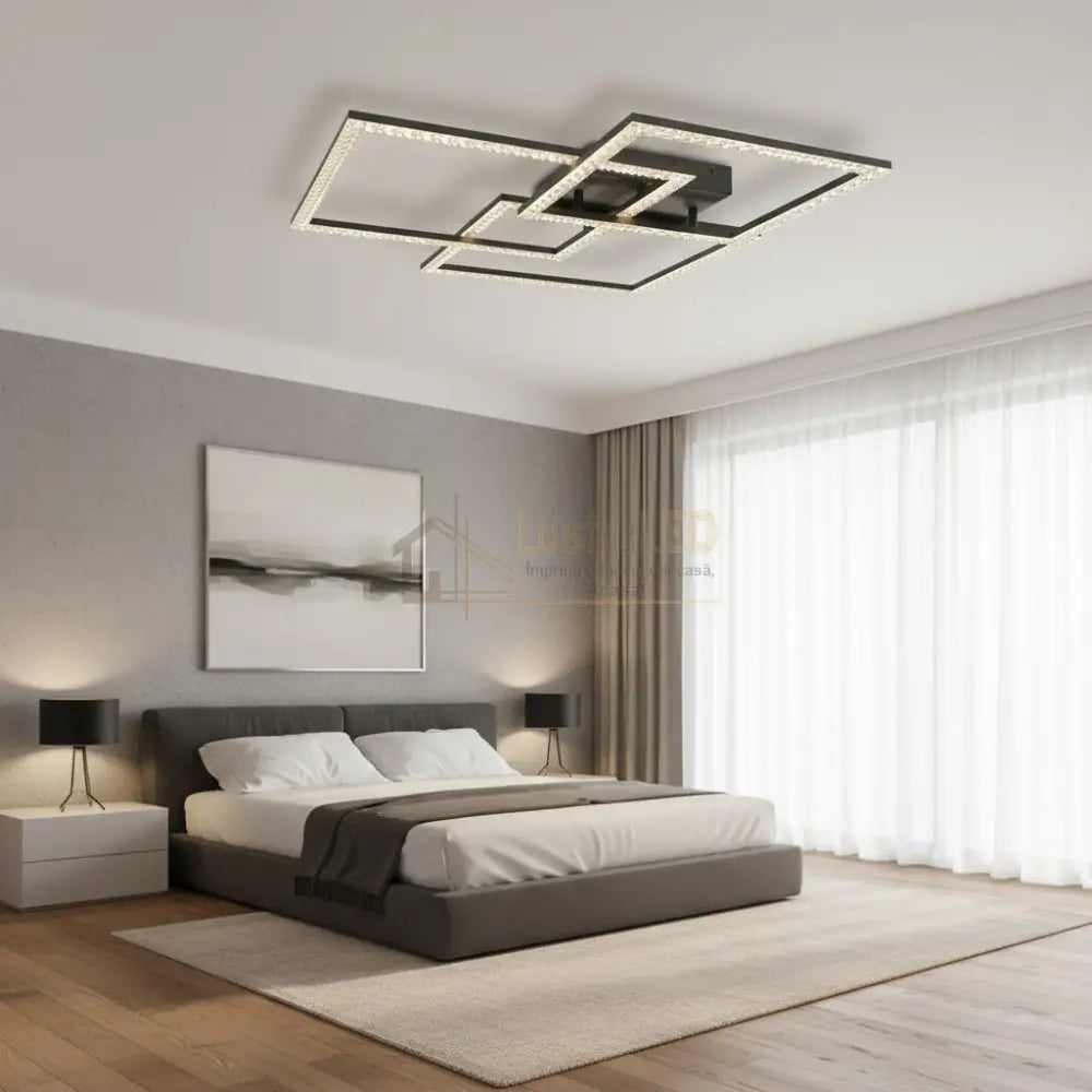 Lustra LED Squares White & Wood Echivalent 800W Telecomanda Lighting Fixtures