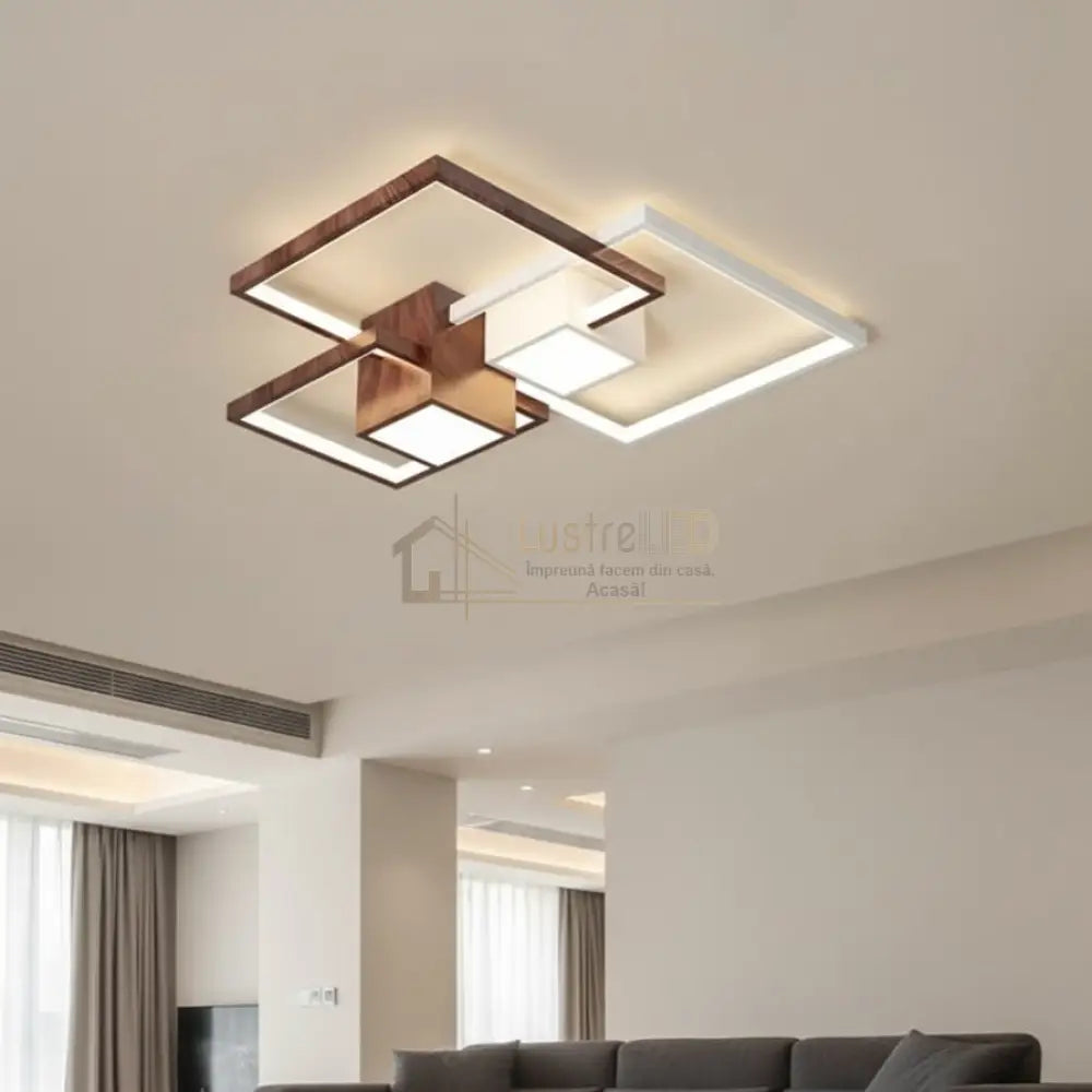 Lustra LED Squares White & Wood Echivalent 800W Telecomanda Lighting Fixtures